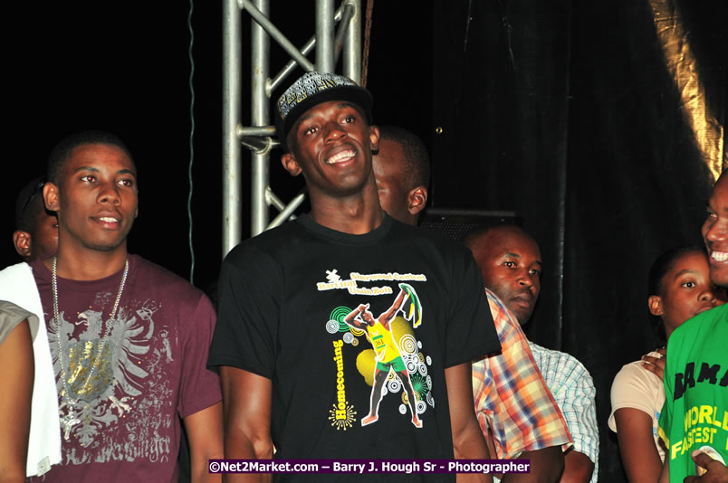 Usain Bolt of Jamaica - The Fastest Man In The World  - Usain Bolt Homecoming Celebrations Concert at the William Knibb High School Play Field, Trelawny - Ice, Ding Dong, Ravers Clavers, D'Angel, Voicemail, RDX and Dancers, Wayne Marshall, Tammi Chynn, Bugle, Nero, Tanya Stephens, Richie Spice, Kip Rich,and Shaggy - Photographs by Net2Market.com - Barry J. Hough Sr. Photojournalist/Photograper - Photographs taken with a Nikon D300 - Negril Travel Guide, Negril Jamaica WI - http://www.negriltravelguide.com - info@negriltravelguide.com...!